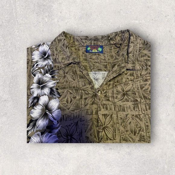 Hawaii Blues Green Floral Hawaiian T-Shirt with White Flower Stripe Men’s Large - Picture 2 of 3